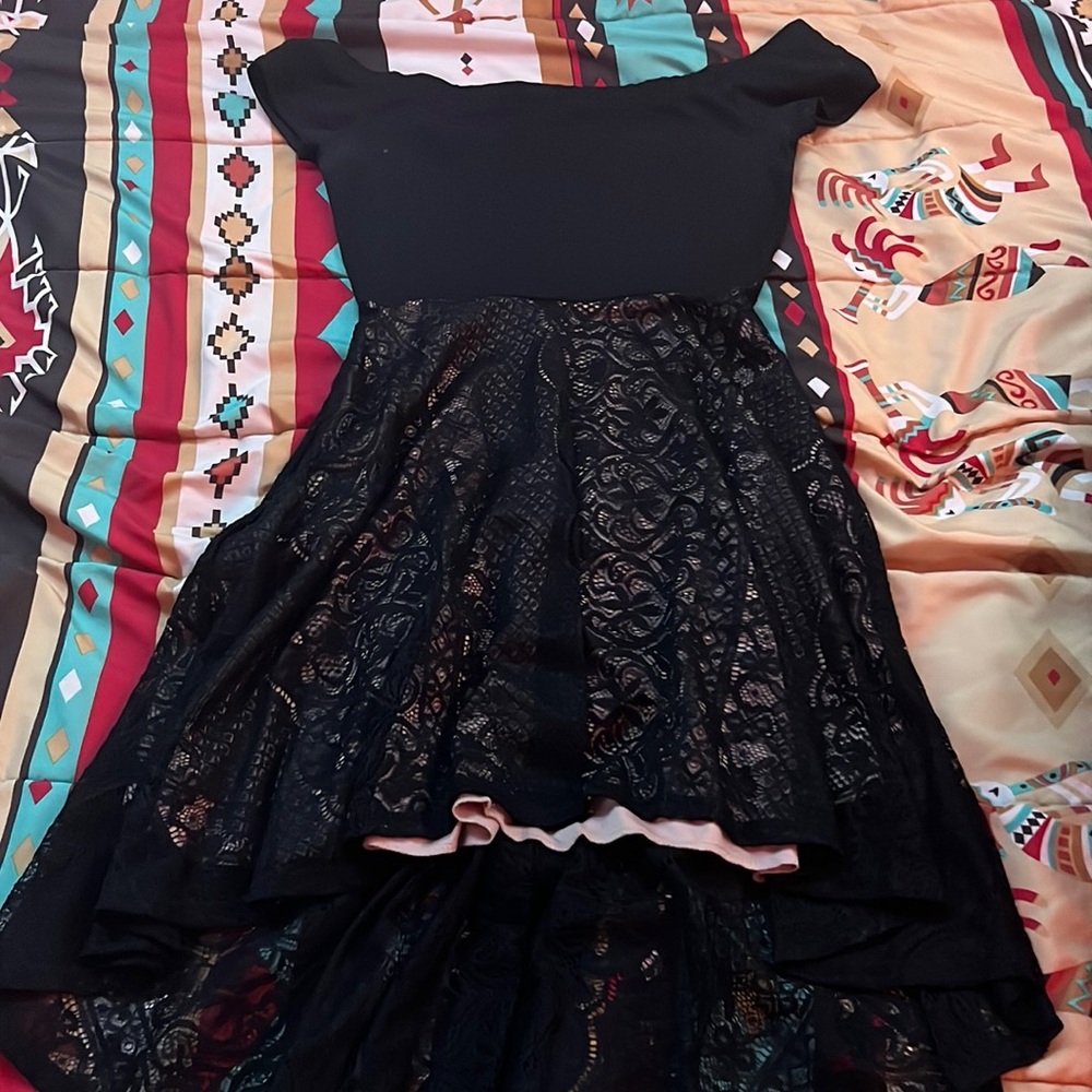 Off the shoulder, black, high/low homecoming dress